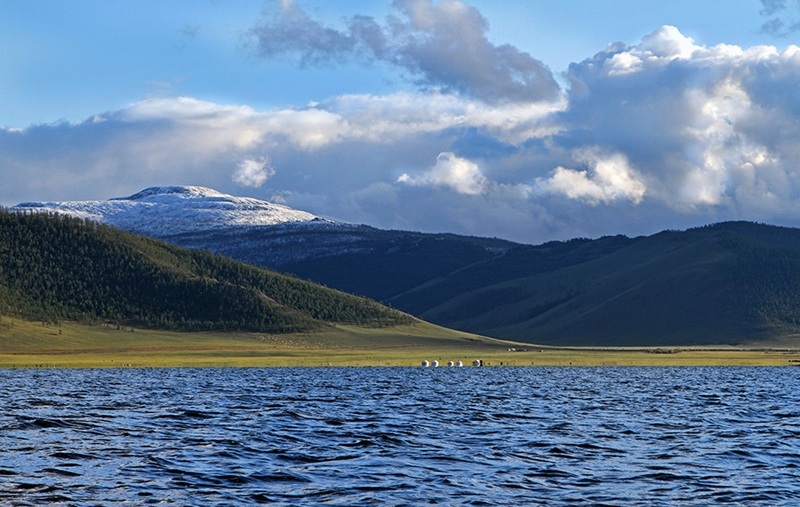Terkhiin Tsagaan Lake with mountain landscape in Arkhangai Mongolia