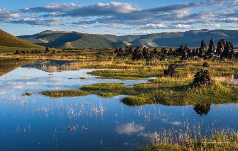 Volcanic rock formations near Terkhiin Tsagaan Lake in Mongolia