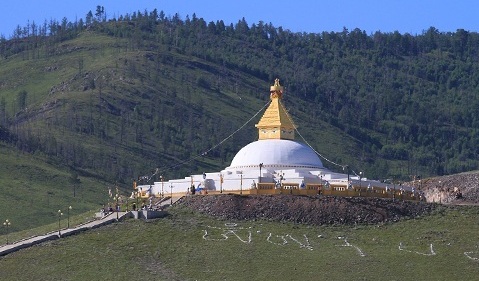 Amarbayasgalant Monastery stupa with Burenkhaan mountain in Mongolia